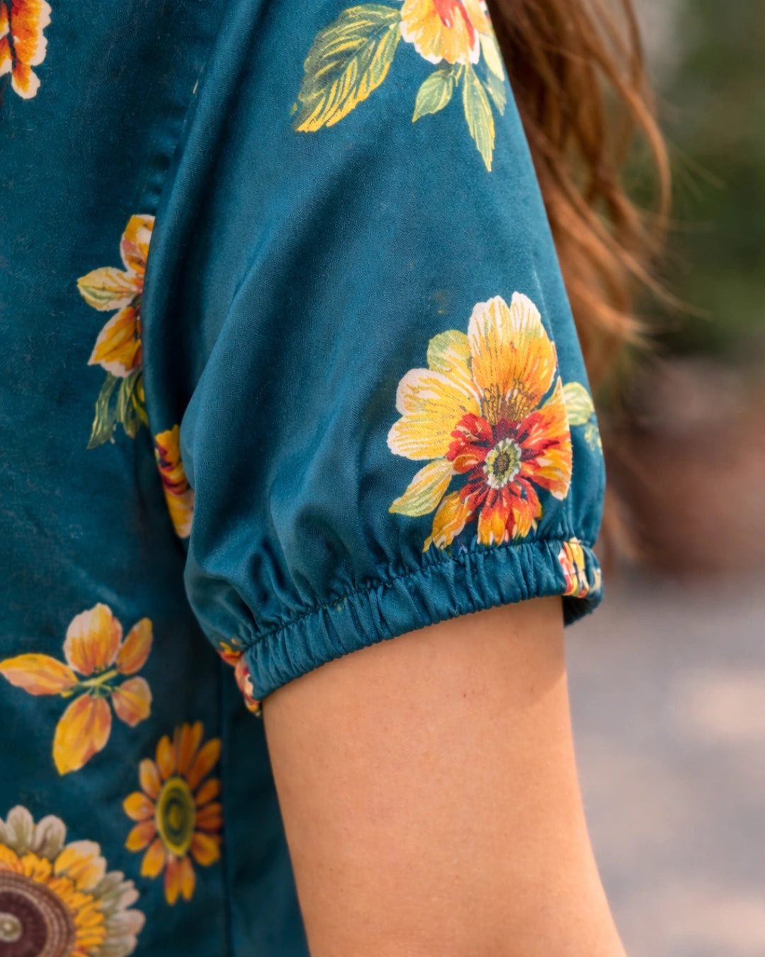 Floral Galore Teal Satin Shirt for Women