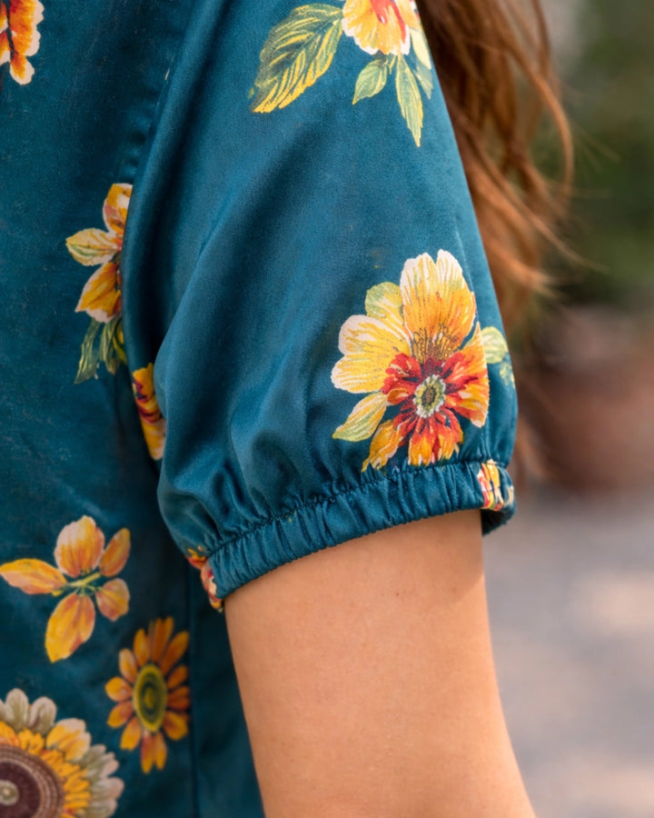 Floral Galore Teal Satin Shirt for Women