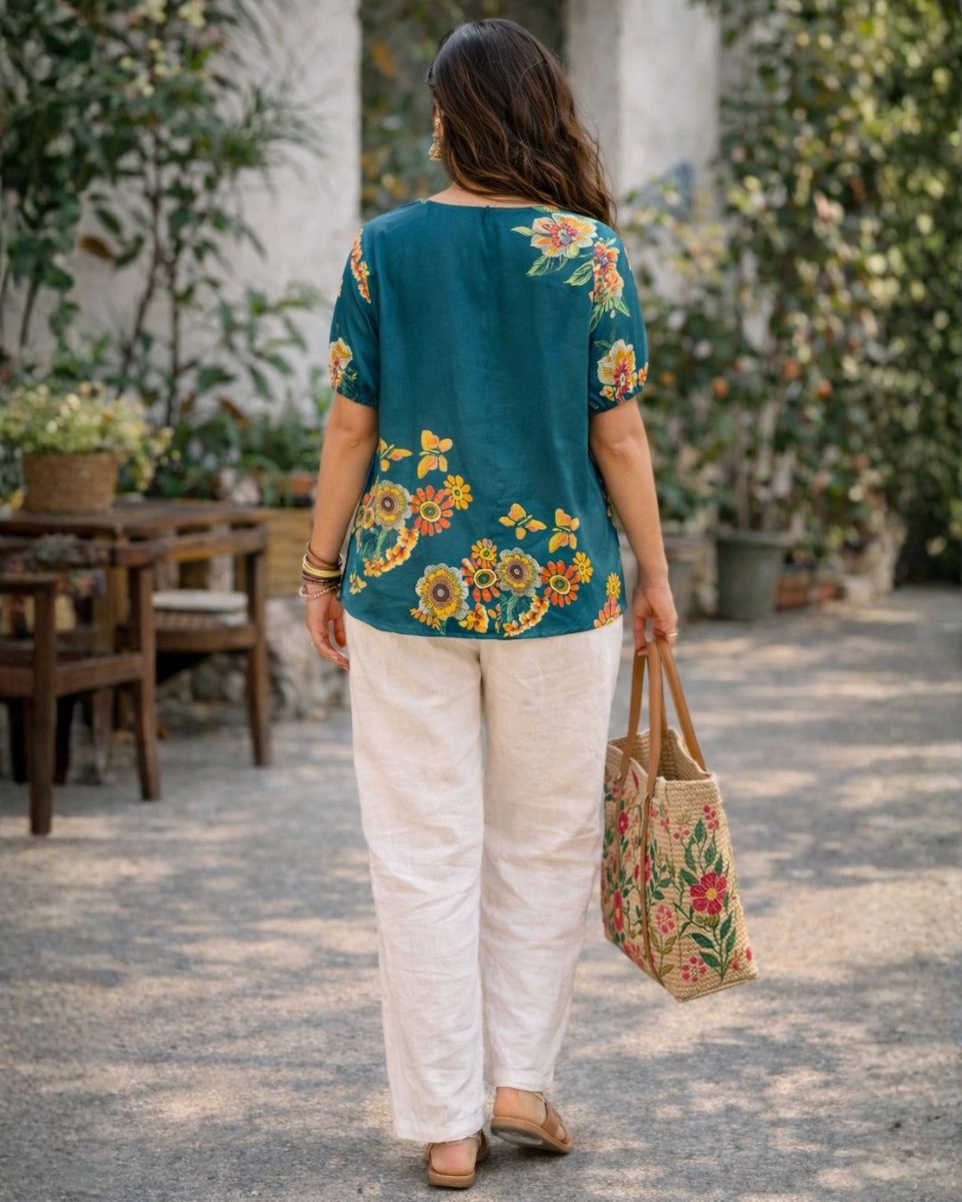 Floral Galore Teal Satin Shirt for Women