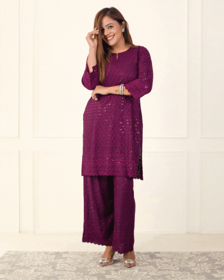 Gehra Jamun Chikankari Kurta & Palazzo - Set of 2