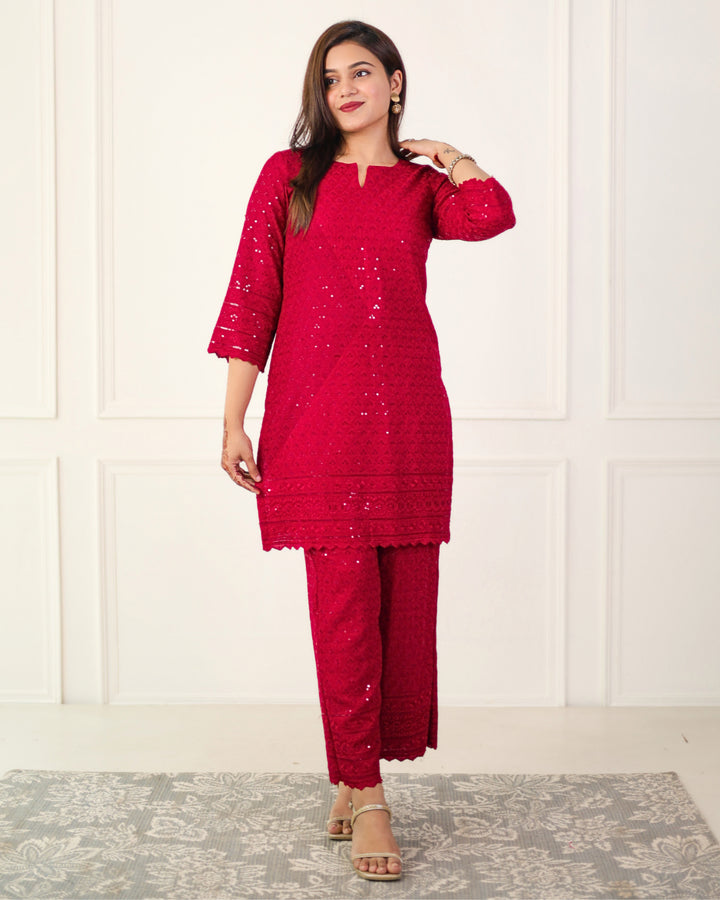Gehra Lal Chikankari Kurta & Palazzo - Set of 2