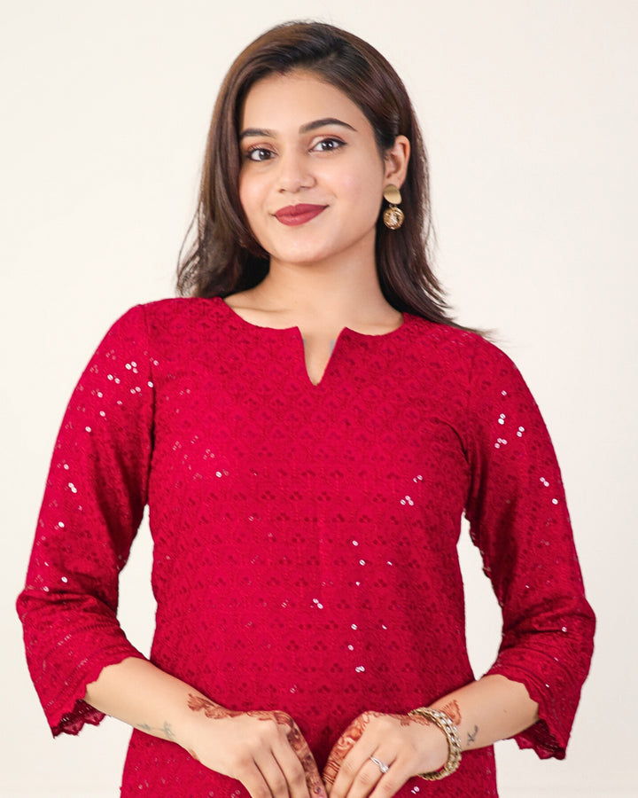 Gehra Lal Chikankari Kurta & Palazzo - Set of 2