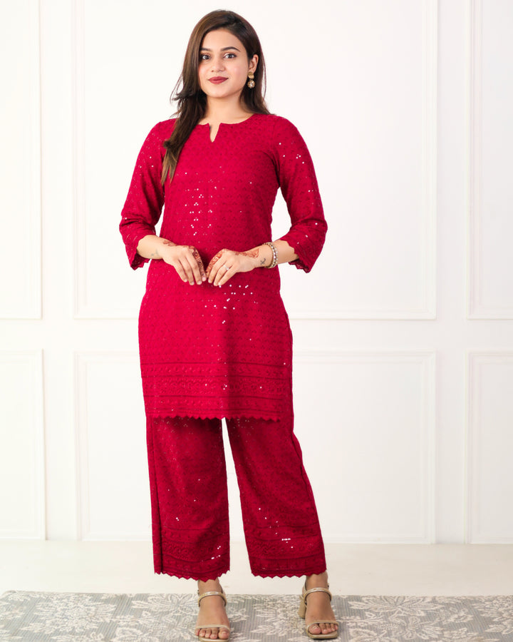 Gehra Lal Chikankari Kurta & Palazzo - Set of 2