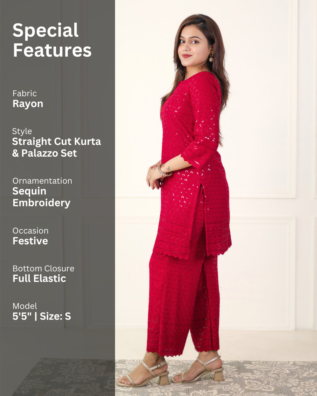 Gehra Lal Chikankari Kurta & Palazzo - Set of 2