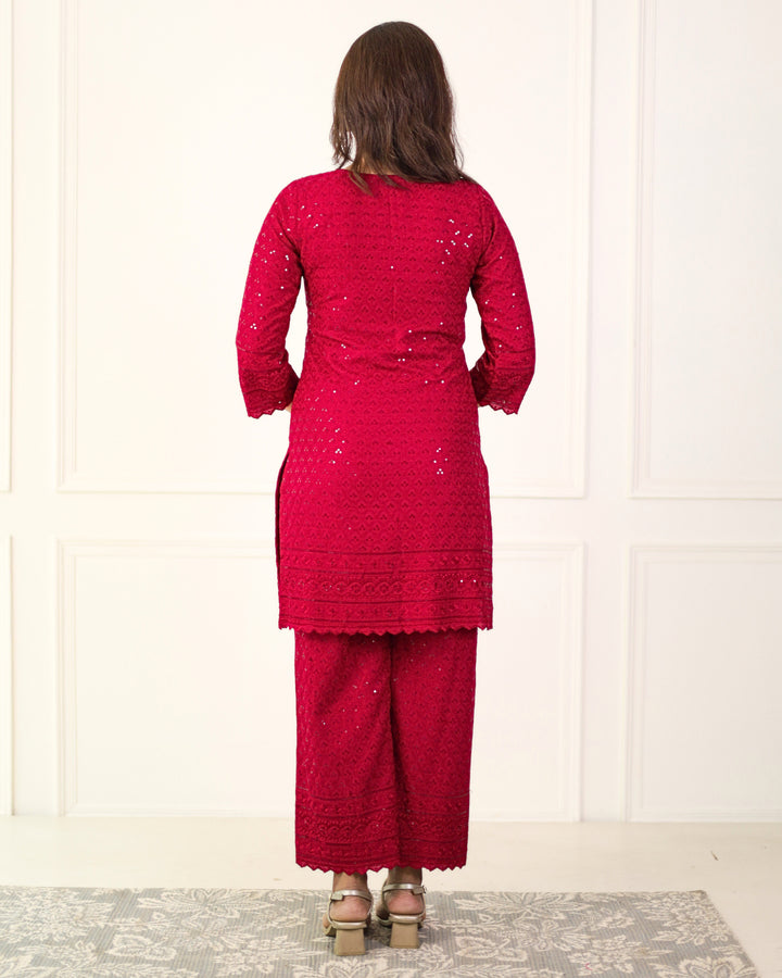 Gehra Lal Chikankari Kurta & Palazzo - Set of 2