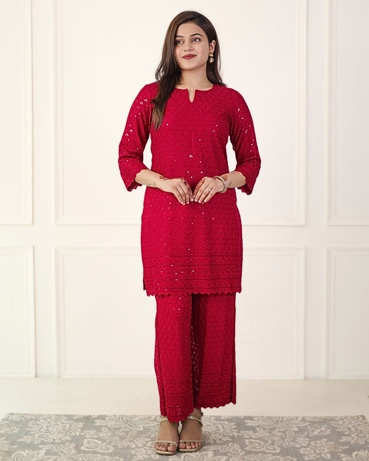 Gehra Lal Chikankari Kurta & Palazzo - Set of 2