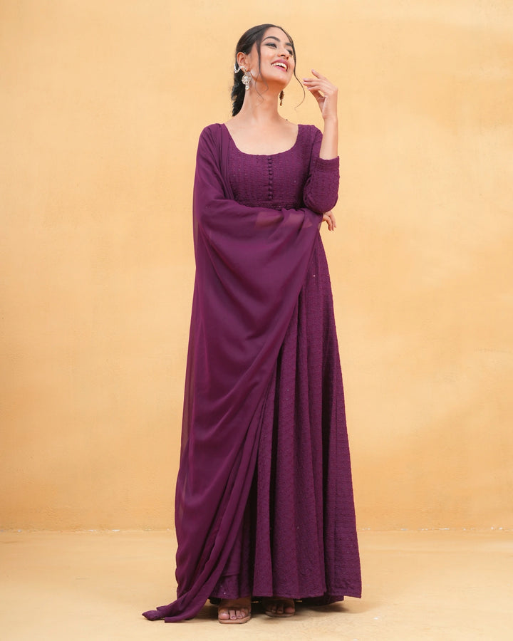 Glitter Glows Wine Anarkali Suit Set For Women