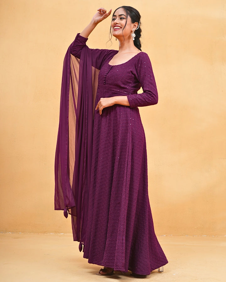 Glitter Glows Wine Anarkali Suit Set For Women