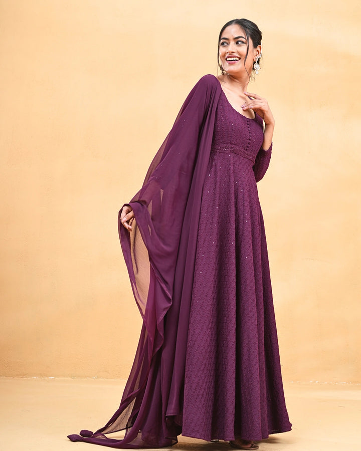 Glitter Glows Wine Anarkali Suit Set For Women