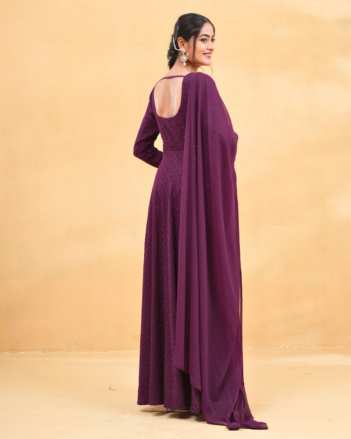 Glitter Glows Wine Anarkali Suit Set For Women
