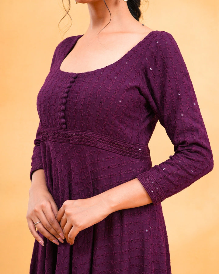 Glitter Glows Wine Anarkali Suit Set For Women