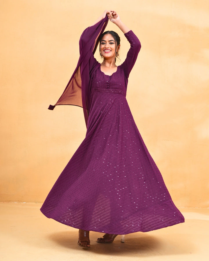 Glitter Glows Wine Anarkali Suit Set For Women