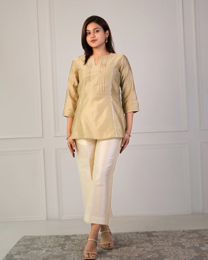 Golden Chanderi Festive Pintuck Top