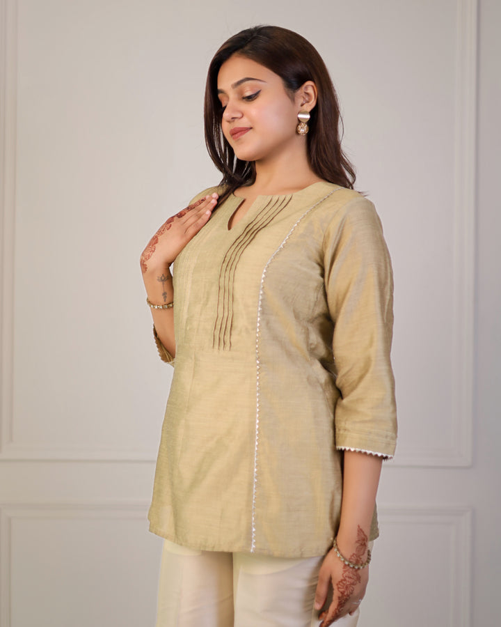 Golden Chanderi Festive Pintuck Top