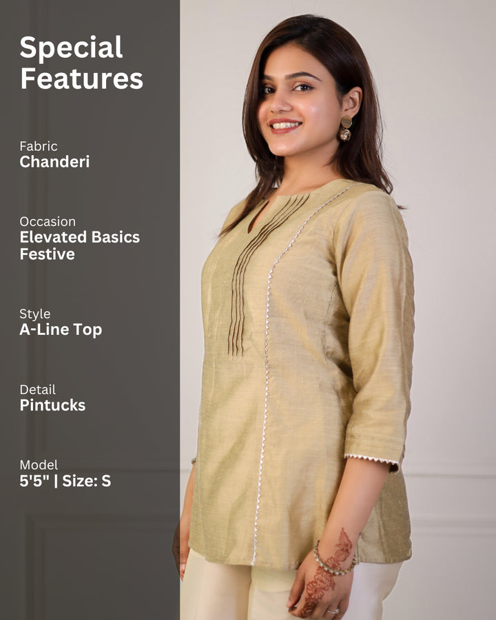 Golden Chanderi Festive Pintuck Top