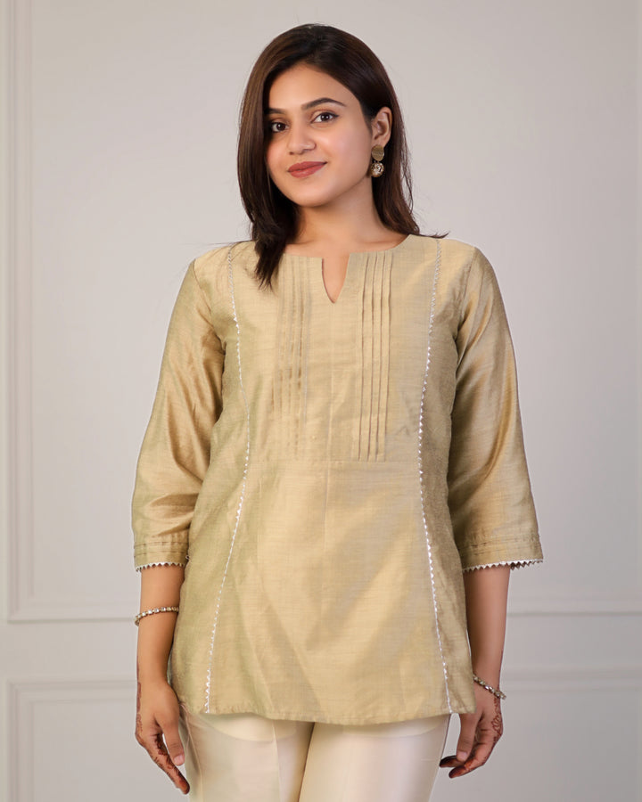 Golden Chanderi Festive Pintuck Top