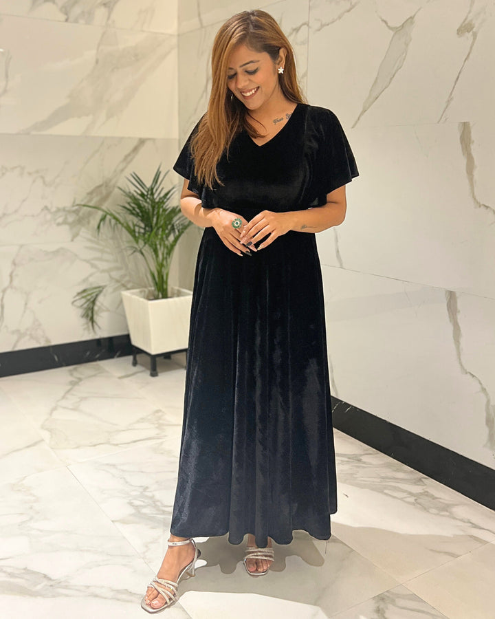 Graphite Black Flared Velvet Dress