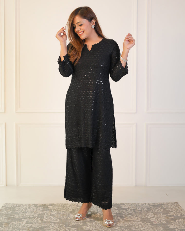 Graphite Black Chikankari kurta & Palazzo - Set of 2