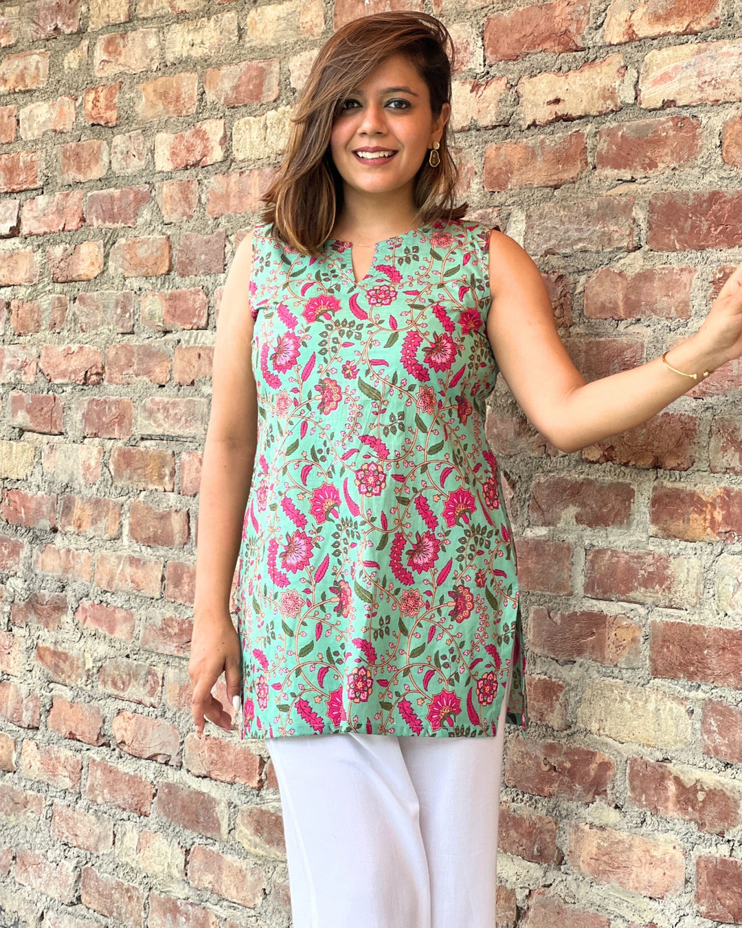 Green Floral Short Kurti Top