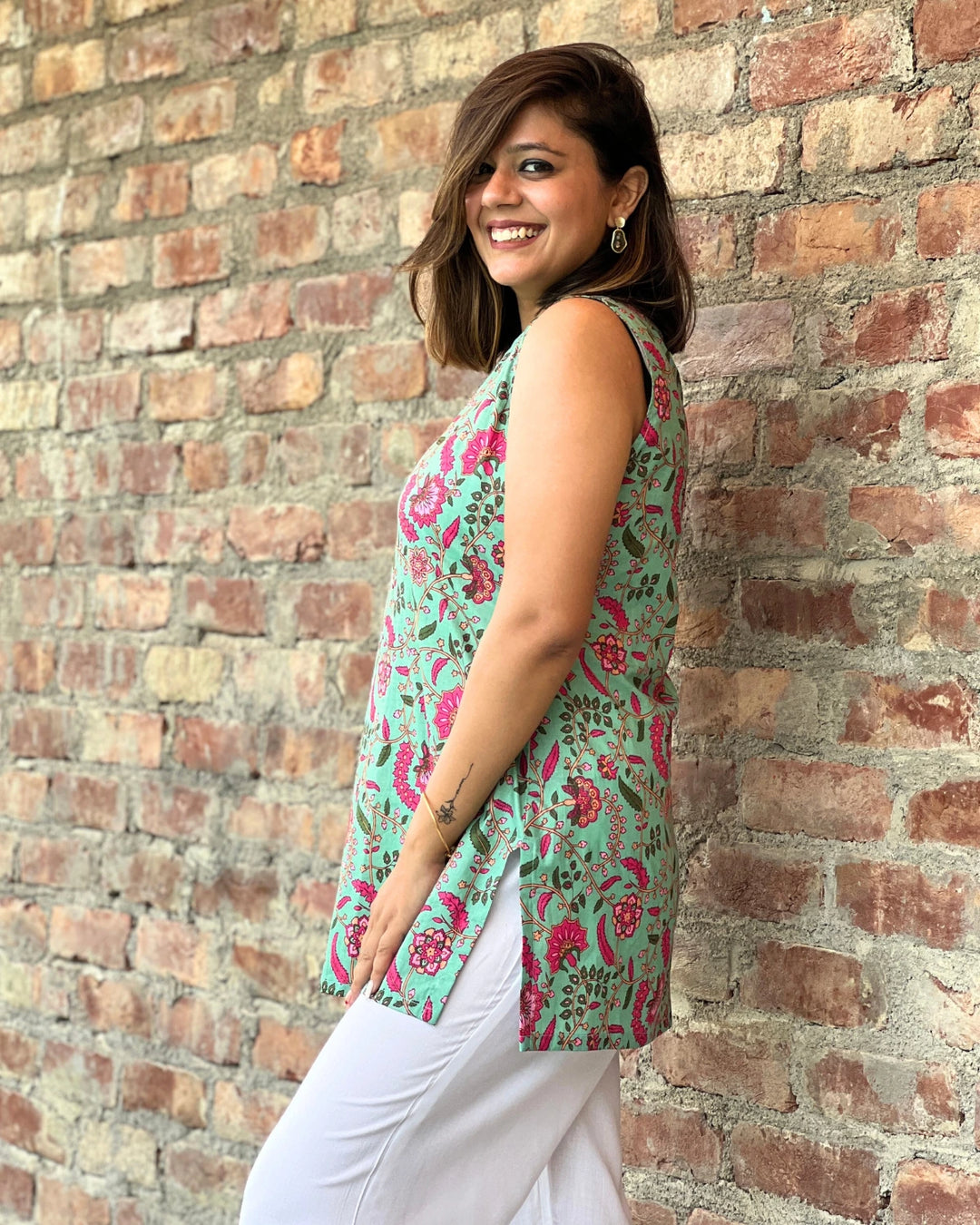 Green Floral Short Kurti Top