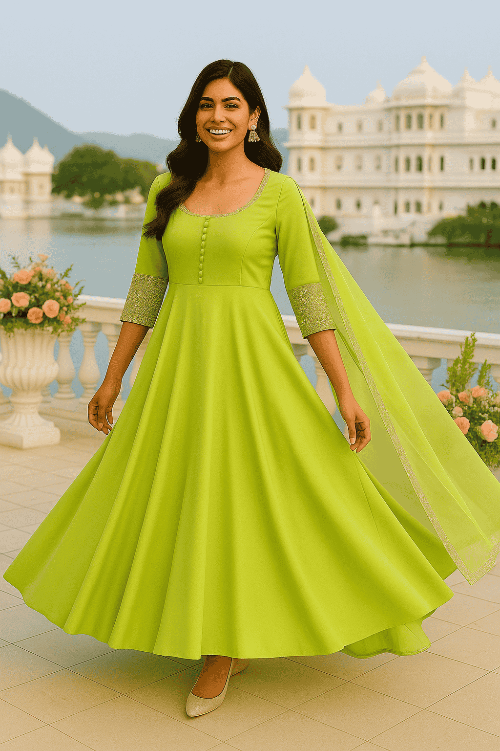 Lime Green Flared Anarkali Kurta For Women