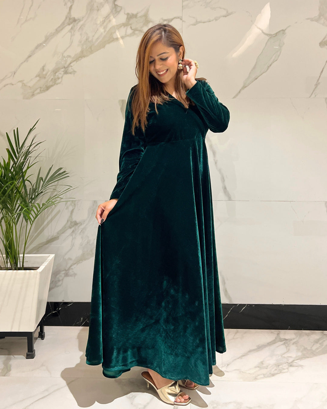 Green Fit and Flare Long Velvet Dress