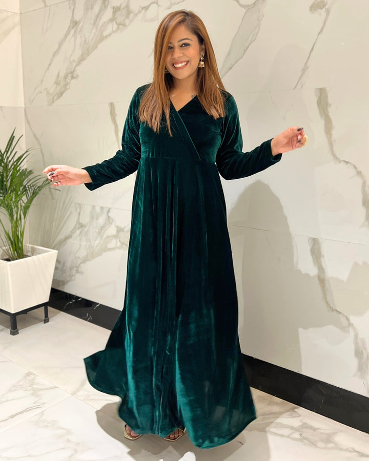 Green Fit and Flare Long Velvet Dress