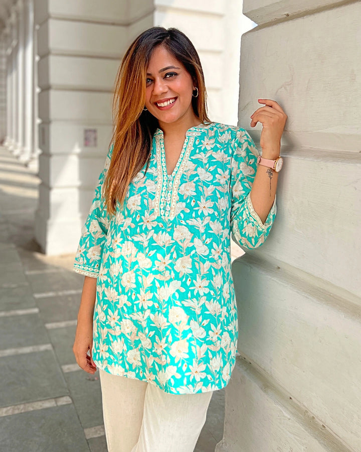 Green Floral Cotton Long Top For Women