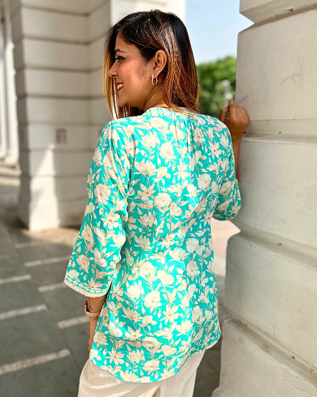 Green Floral Cotton Long Top For Women
