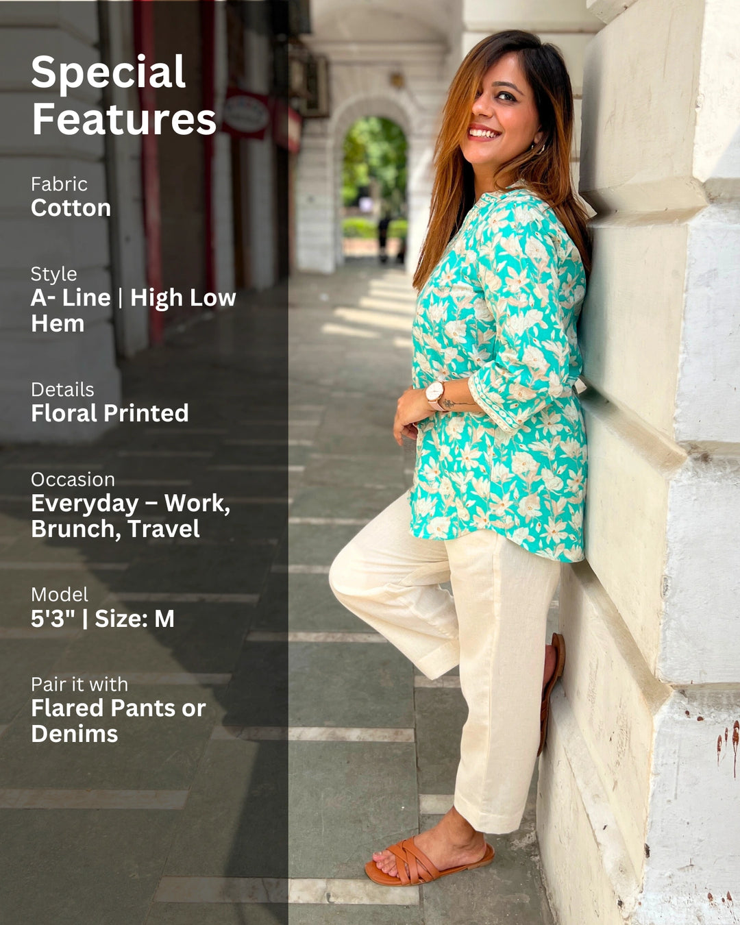 Green Floral Cotton Long Top For Women