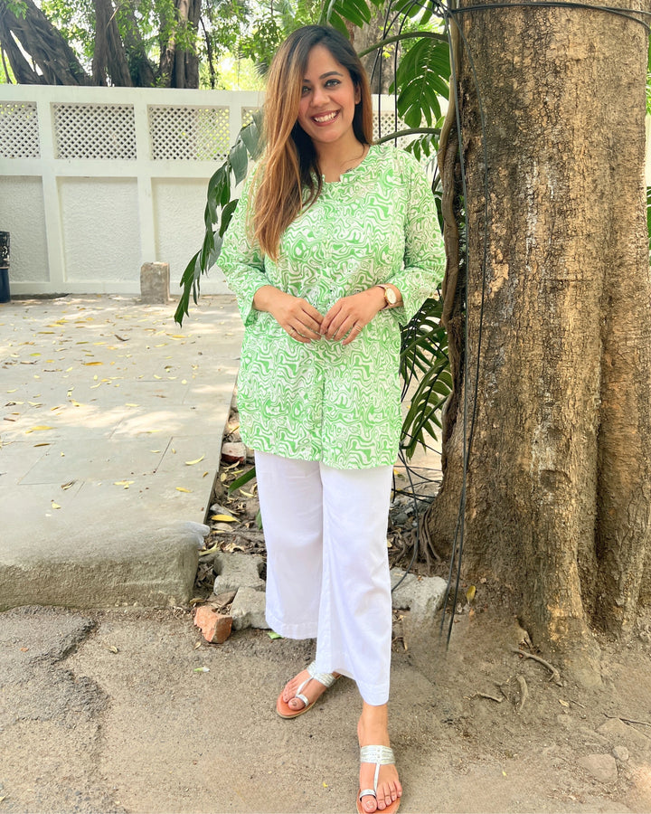 Green Schiffli Long Cotton Shirt For Women