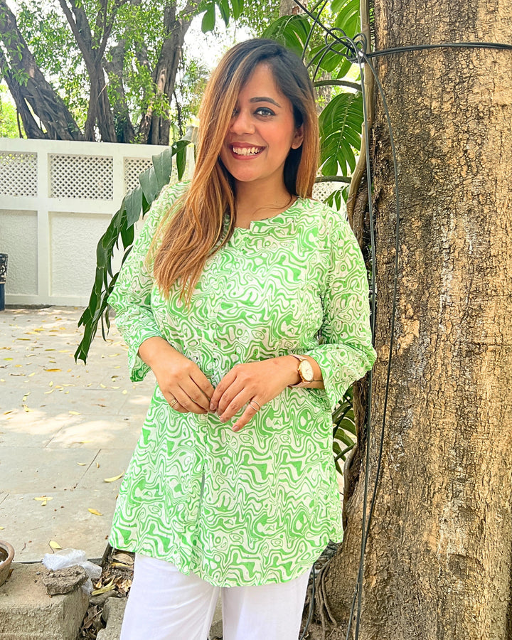 Green Schiffli Long Cotton Shirt For Women