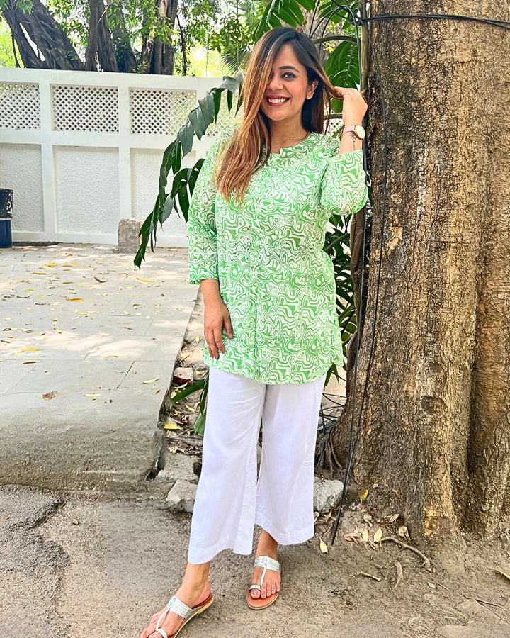 Green Schiffli Long Cotton Shirt For Women