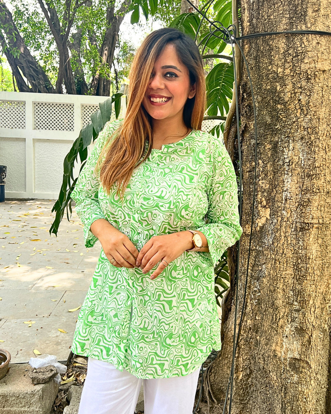 Green Schiffli Long Cotton Shirt For Women