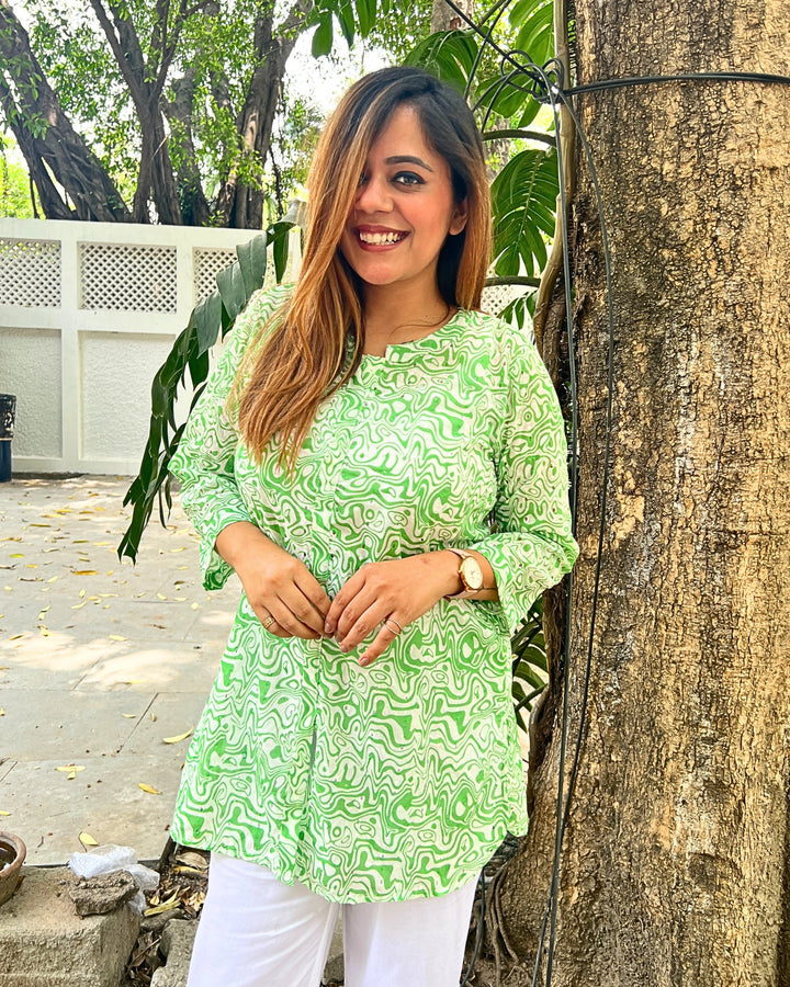 Green Schiffli Long Cotton Shirt For Women