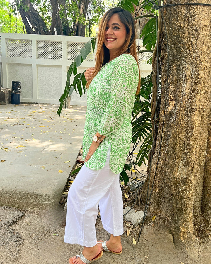Green Schiffli Long Cotton Shirt For Women