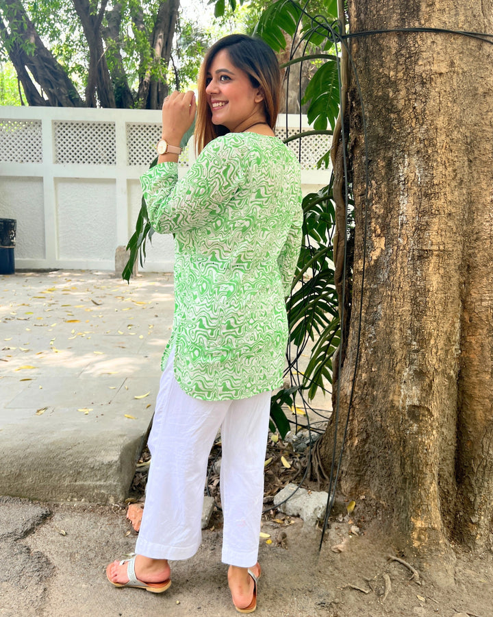 Green Schiffli Long Cotton Shirt For Women