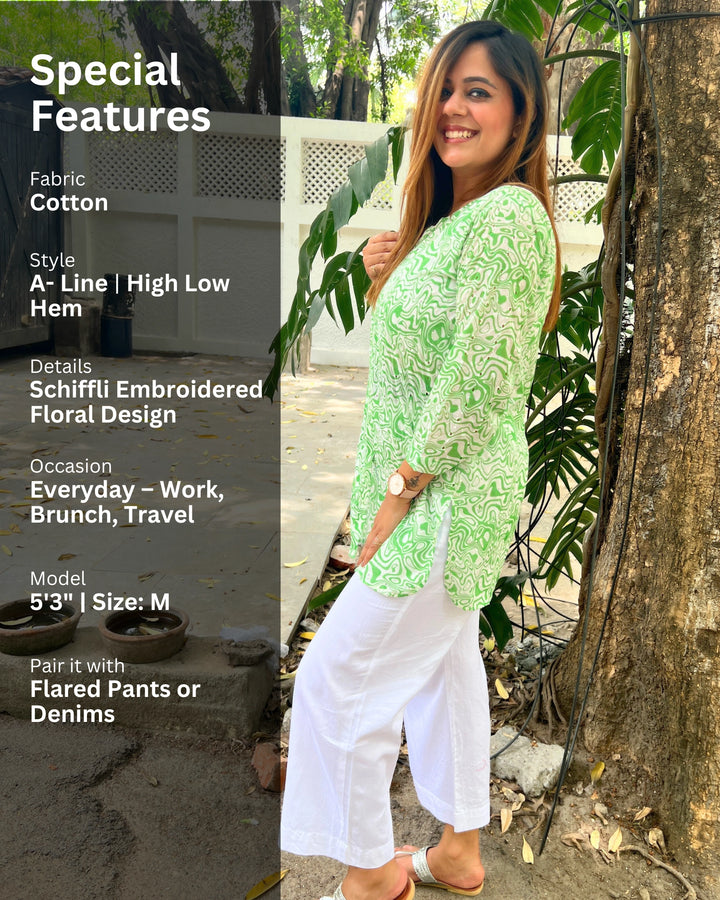 Green Schiffli Long Cotton Shirt For Women