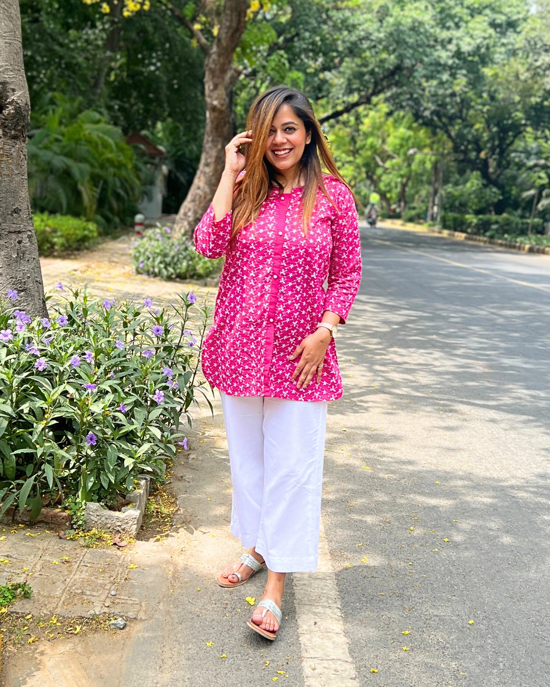 Hot Pink Embroidered Cotton Shirt For Women