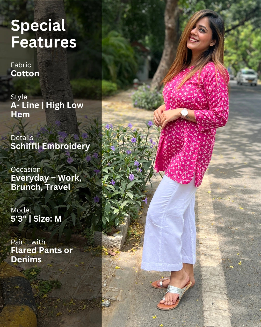 Hot Pink Embroidered Cotton Shirt For Women
