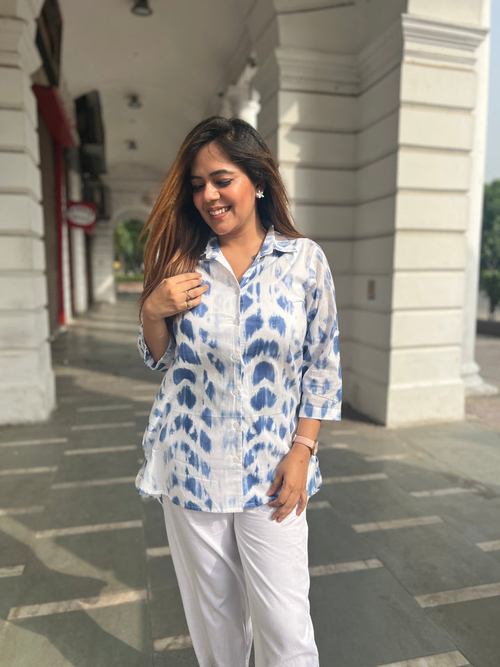 Cloudy Blue Long Cotton Printed Shirt For Women