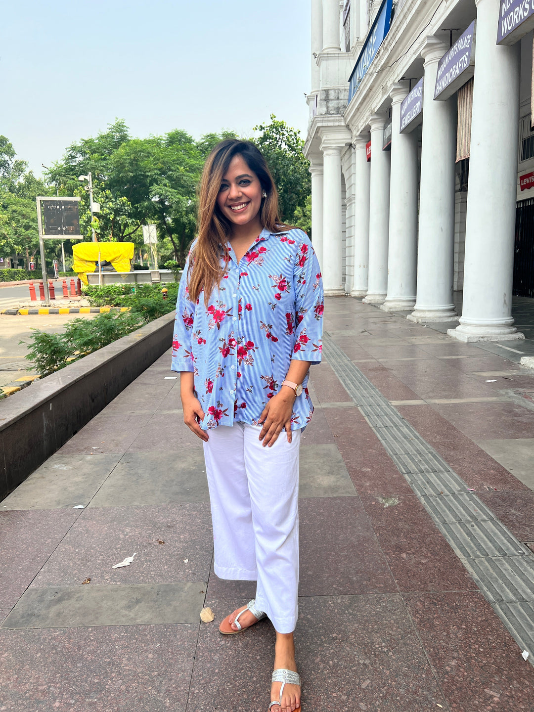 Sky Blue Floral Cotton Shirt for Women