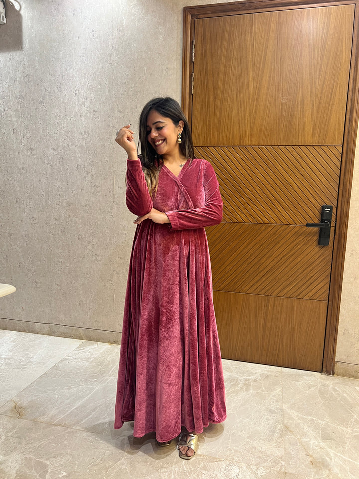 Dusty Rose Velvet Fit And Flared Dress