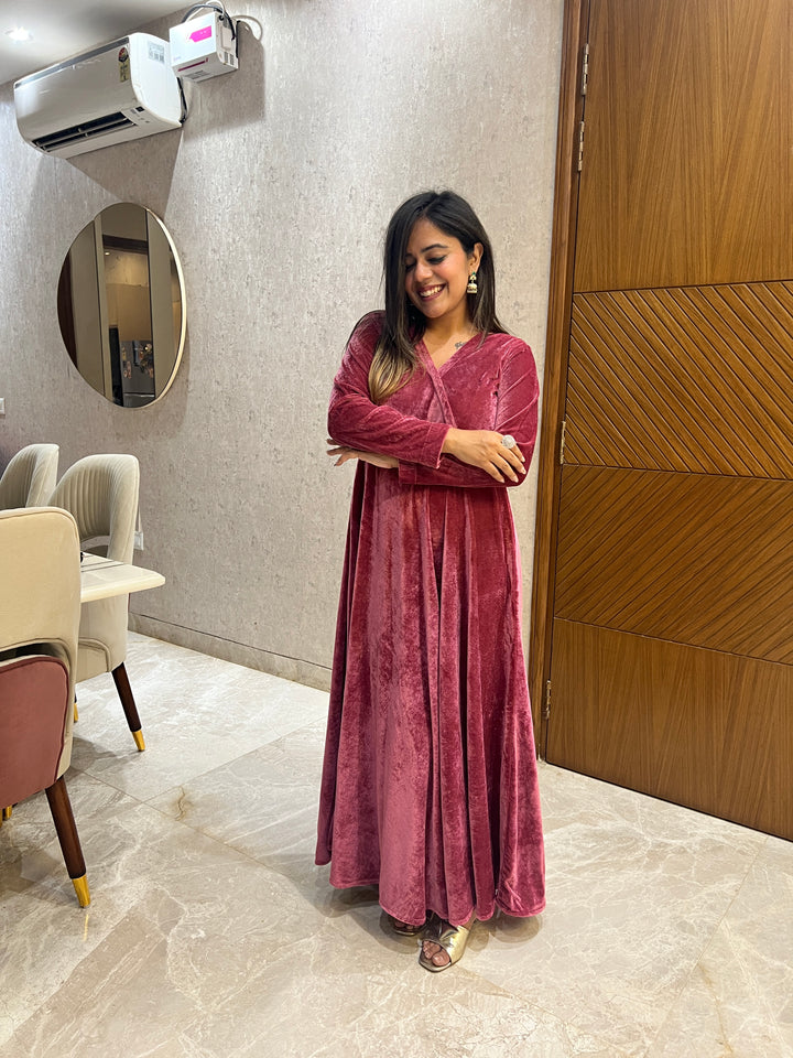 Dusty Rose Velvet Fit And Flared Dress