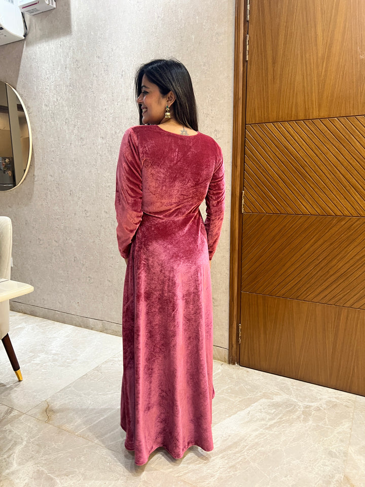Dusty Rose Velvet Fit And Flared Dress