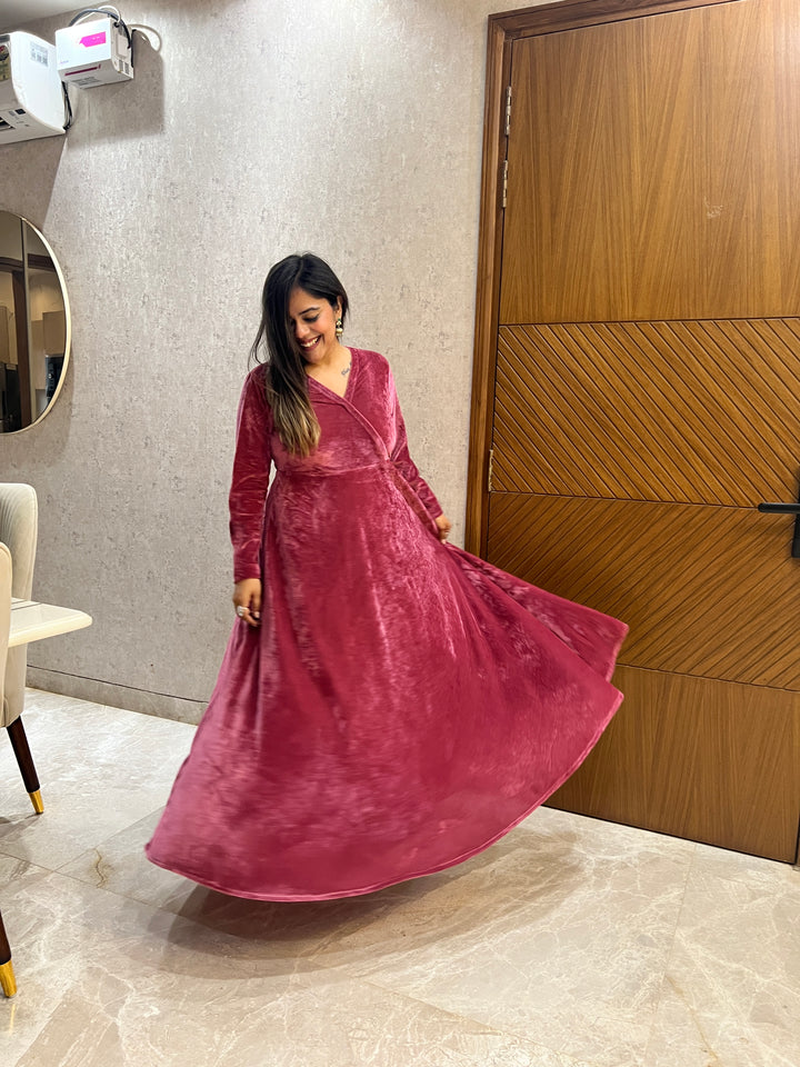 Dusty Rose Velvet Fit And Flared Dress