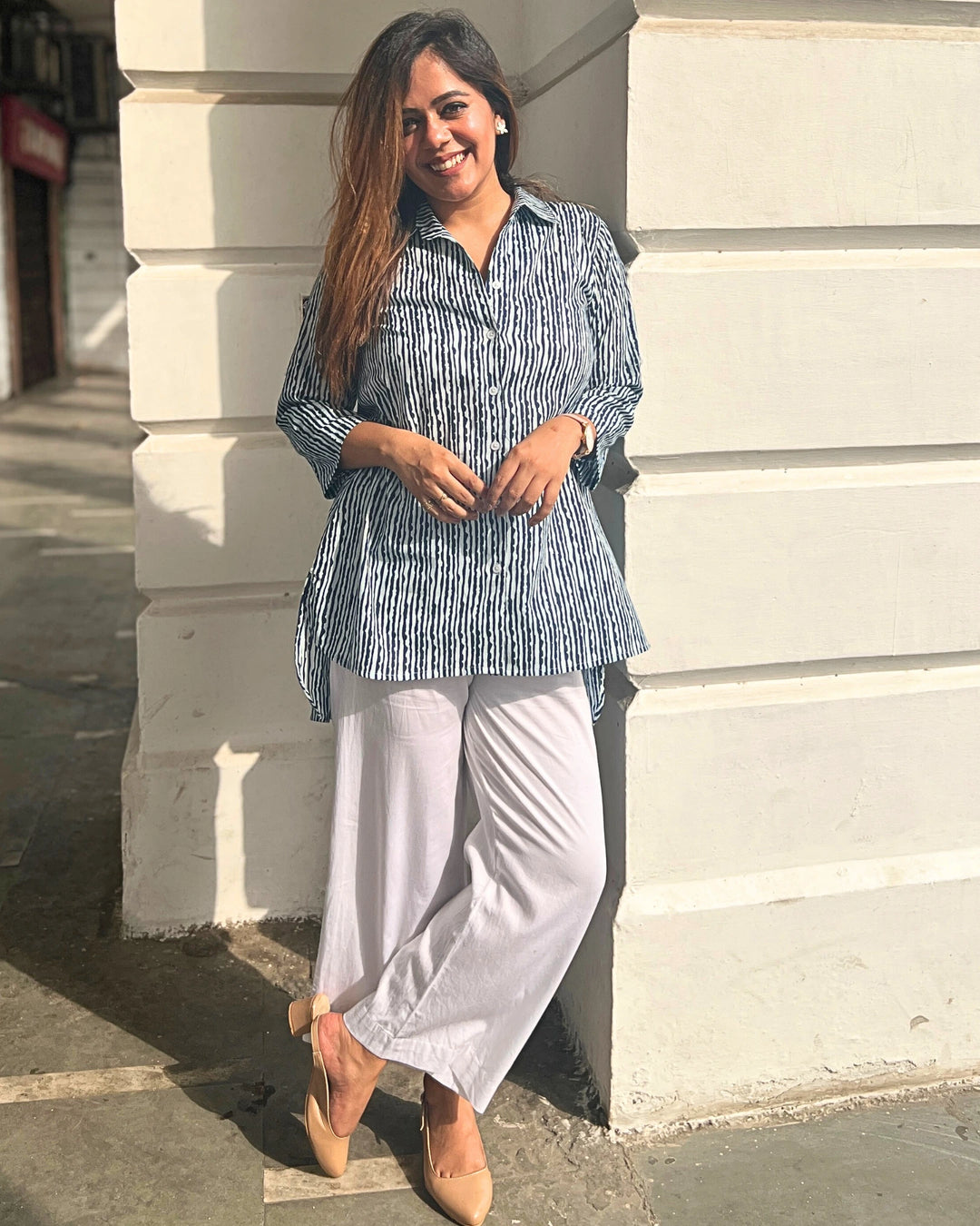 Indigo Vertical Striped Cotton Long Shirt For Women
