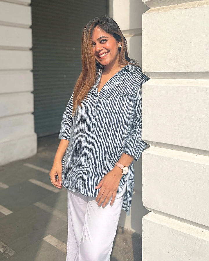 Indigo Vertical Striped Cotton Long Shirt For Women