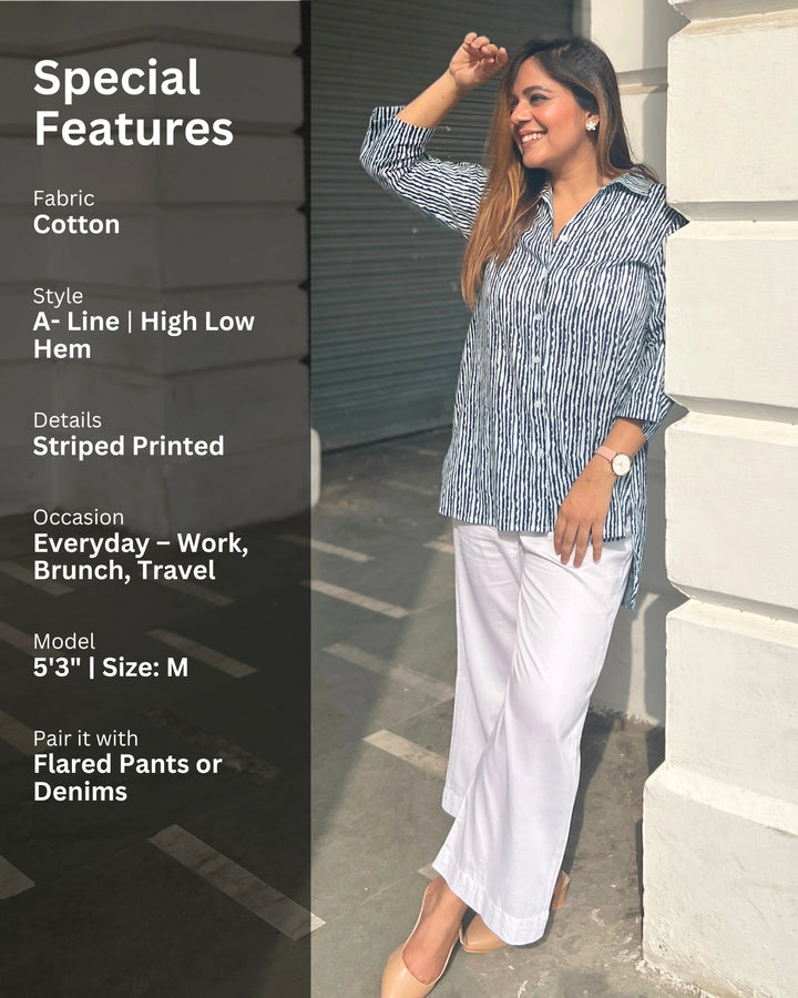 Indigo Vertical Striped Cotton Long Shirt For Women
