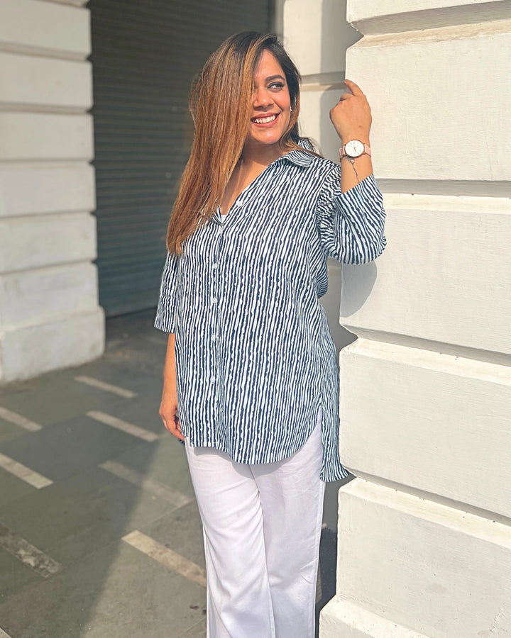 Indigo Vertical Striped Cotton Long Shirt For Women